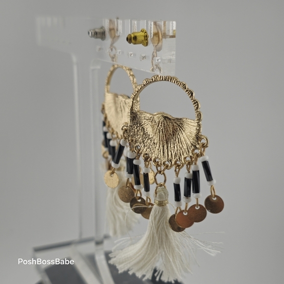 Boho Chic Gold and Black Beaded Statement Earrings – 3.25" Length - Picture 3 of 8